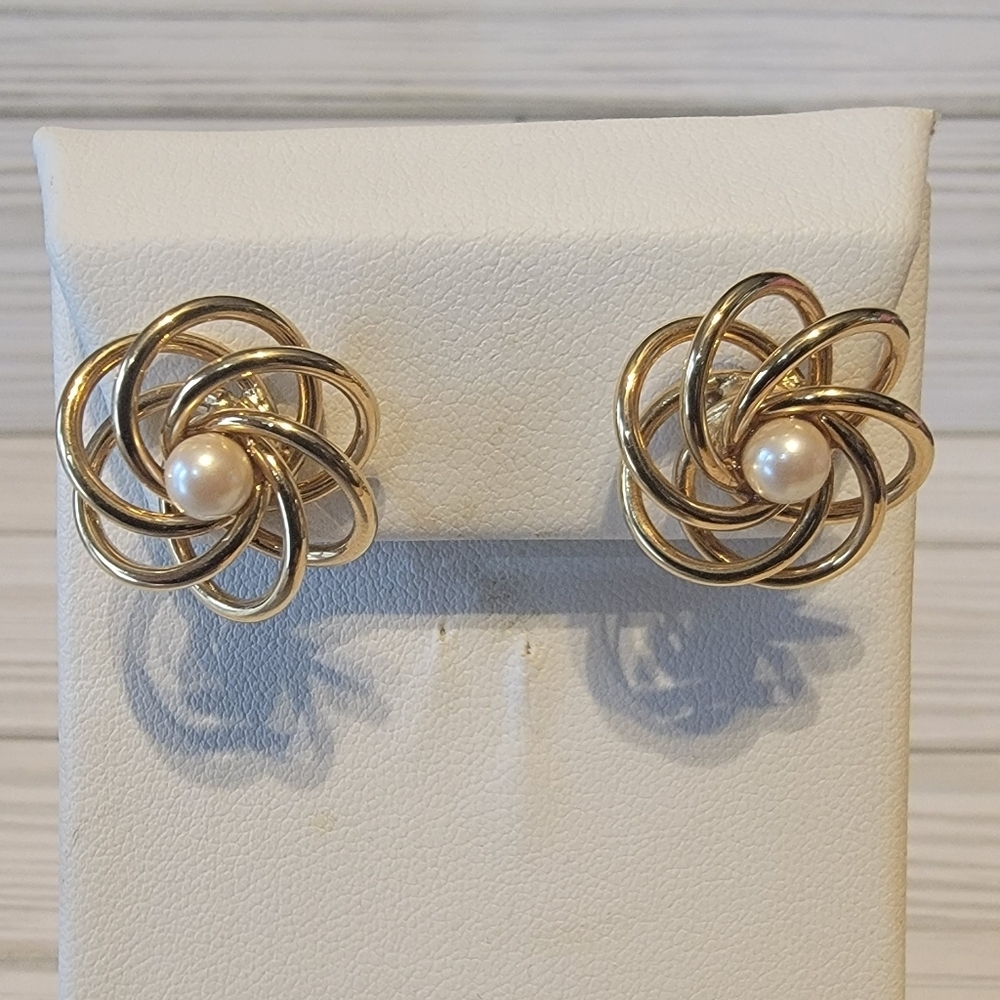 Vintage Monet Gold Tone Swirl Faux Pearl Pierced Button Earrings